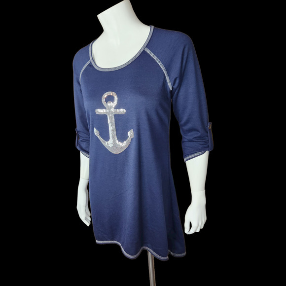 Lily Bleu Beach Navy Anchor Beach Cover-Up Womens M Sequin Rolled Sleeves TShirt - Picture 6 of 10